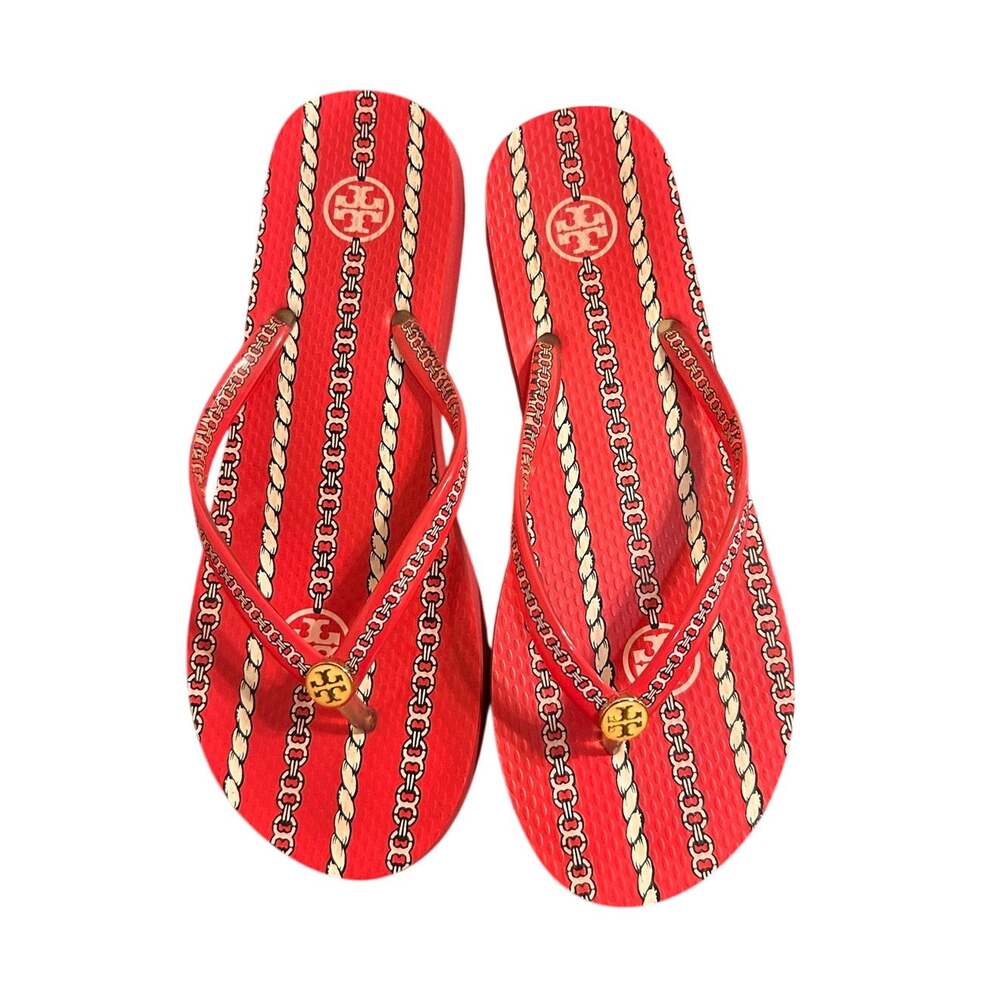 Tory Burch Kira Chain Print Flip-Flop Sandals, bold red/cream chain link motif